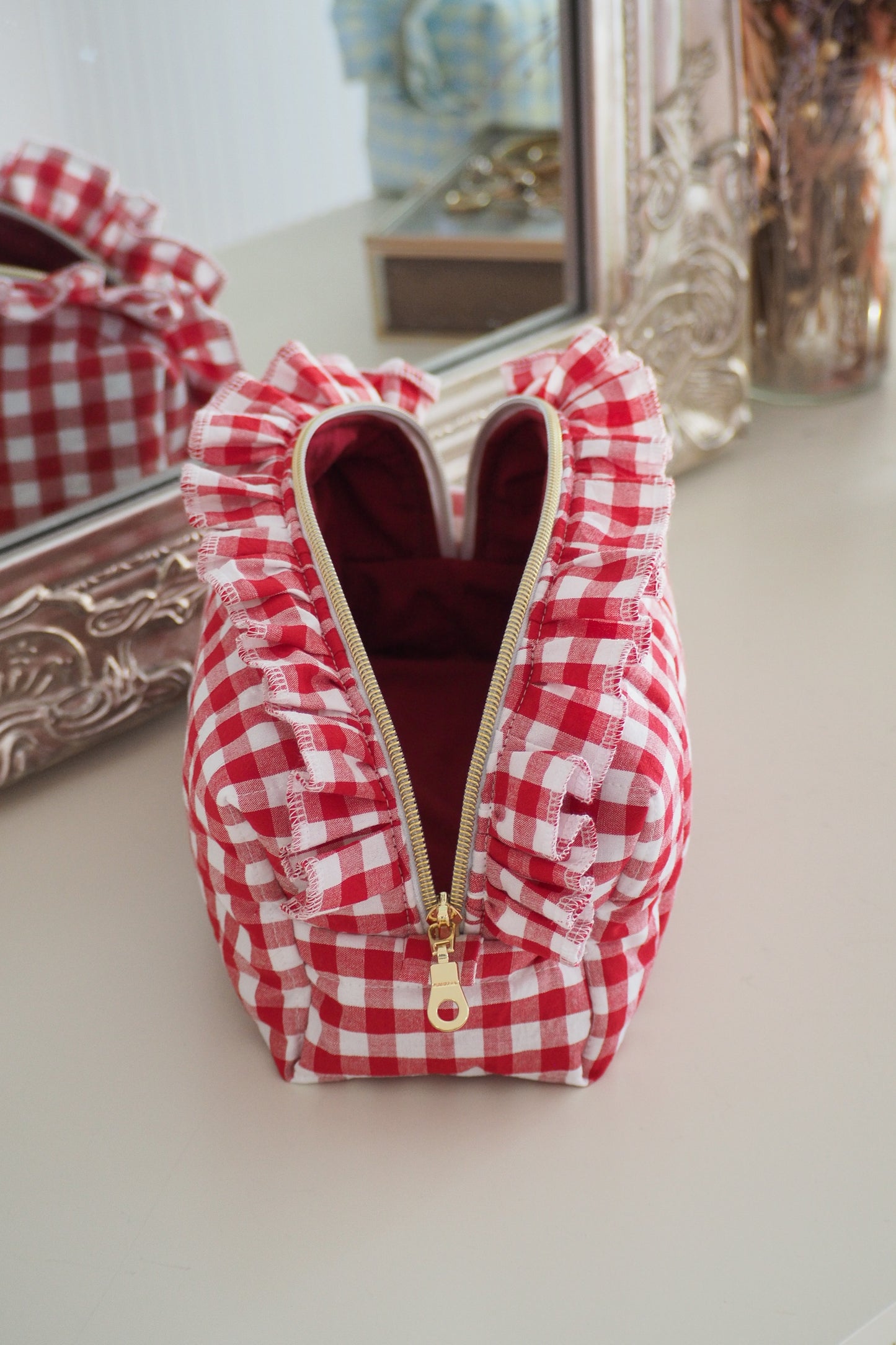 Trousse  en coton motif vichy couleur rouge